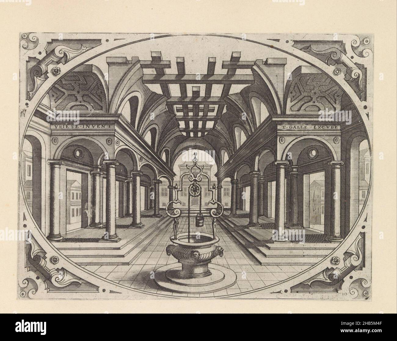 Colonnade with a ruined vault and a well, Variae Architecturae Formae (...) (series title), Architectural perspectives in oval frames for intarsia (series title), View into a colonnade with a ruined vault, covered with beams. In the foreground a well. In the corners scrollwork. The print is part of an album., print maker: Johannes of Lucas van Doetechum, Hans Vredeman de Vries (mentioned on object), Antwerp, after 1601, paper, etching, height 163 mm × width 215 mm Stock Photo