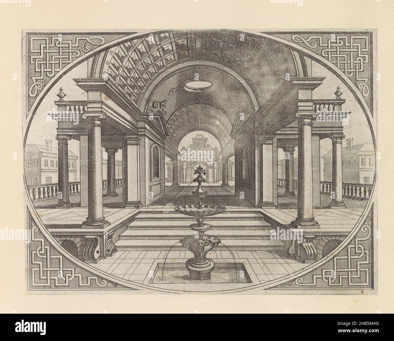 Open hall with tunnel vault and fountain in the foreground, Variae Architecturae Formae (...) (series title), Architectural perspectives in oval frames for intarsia (series title), Open hall with a tunnel vault. The front and rear parts of the vault are decorated with cassettes. In the center is an oculus. In the foreground a fountain. The print is part of an album., print maker: Johannes of Lucas van Doetechum, Hans Vredeman de Vries, Antwerp, after 1601, paper, etching, height 162 mm × width 214 mm Stock Photo