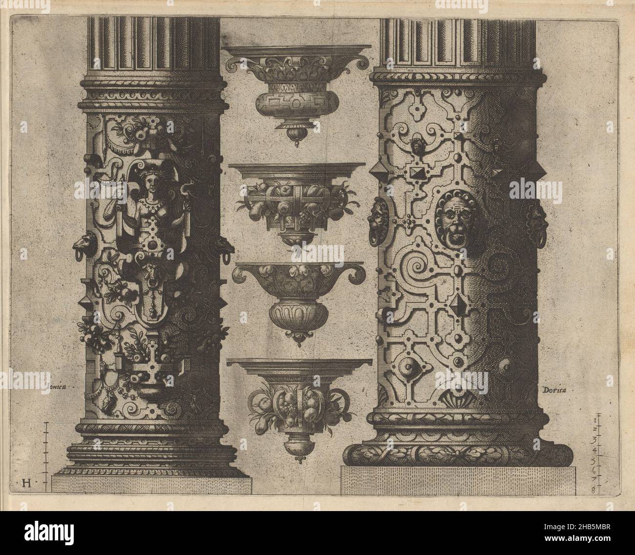 Two 'columnae caelatae' and four consoles, Den eersten boeck ghemaeckt op de twee Colomnen Dorica en Ionica (series title), On the left the lower half of a column of the Ionic Order with a female hermit, caught in scrollwork. On the right, the lower half of a Doric column with hardware and mascarons. In between, four consoles. The print has two indications of scale. Sheet H. The print is part of an album., print maker: Johannes of Lucas van Doetechum, Hans Vredeman de Vries, Antwerp, 1565, paper, etching, height 235 mm × width 300 mm Stock Photo