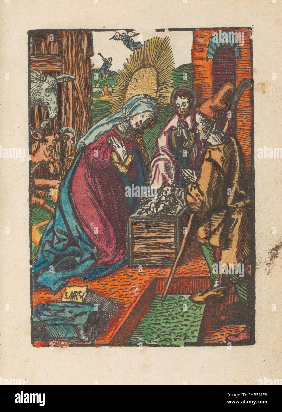 Birth of Christ, The little Passion (series title), Stupid Passion (series title), Mary, Joseph and a shepherd kneeling around the Christ child lying in a wooden manger. On the left, the donkey and the ox. In the background the announcement to the shepherds. Print is part of a book., print maker: Jacob Cornelisz van Oostsanen (mentioned on object), publisher: Doen Pietersz., Amsterdam,  1520 - 1521 and/or c. 1530, paper, height 111 mm × width 79 mmheight 159 mm × width 101 mm Stock Photo