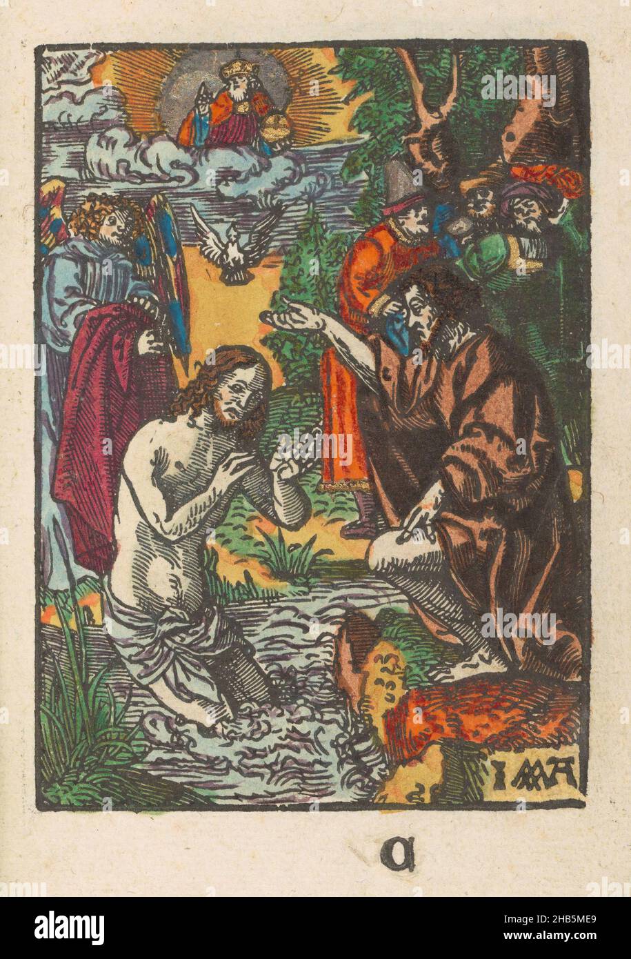 Baptism of Christ, The Little Passion (series title), Mute Passion (series title), Christ is baptized by John the Baptist in the Jordan River. In the sky God the Father and the dove of the Holy Spirit appear. On the left, an angel holding the robe of Christ. Marked at the bottom: C. Print is part of a book., print maker: Jacob Cornelisz van Oostsanen (mentioned on object), publisher: Doen Pietersz., Amsterdam,  1520 - 1521 and/or c. 1530, paper, height 111 mm × width 79 mmheight 159 mm × width 101 mm Stock Photo