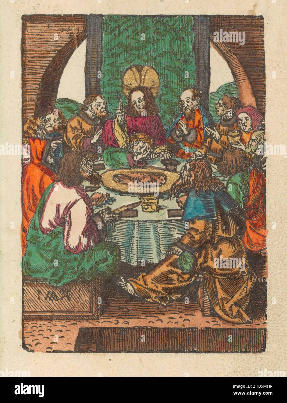 Last Supper, The Little Passion (series title), Stupid Passion (series title), Christ sits with his disciples at the Last Supper. John lays his head against Christ's chest. The paschal lamb lies on a platter on the table. In the foreground Judas with the bag of silver pieces in his hand. Print is part of a book., print maker: Jacob Cornelisz van Oostsanen (mentioned on object), publisher: Doen Pietersz., Amsterdam,  1520 - 1521 and/or c. 1530, paper, height 111 mm × width 80 mmheight 159 mm × width 102 mm Stock Photo