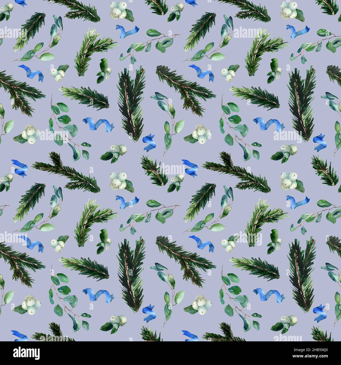 Winter seamless pattern with Fir branch, baby blue eucalyptus and Snowberry on gray background. Watercolor Christmas tile. Season design for textile, Stock Photo