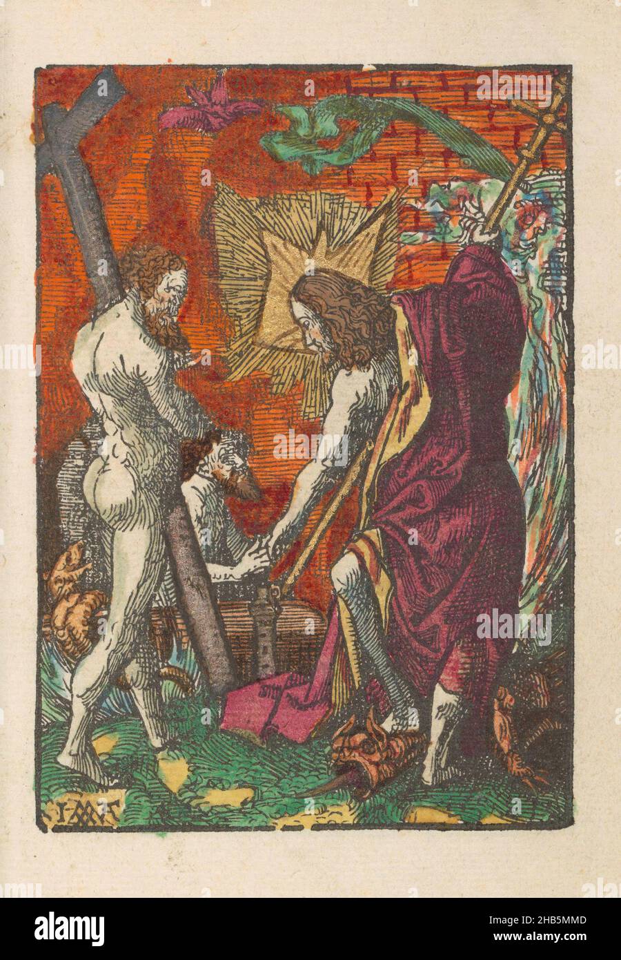 Christ in Limbo, The Little Passion (series title), Stupid Passion (series title), Christ descends into limbo with a cross staff in hand and saves souls. Print is part of a book., print maker: Jacob Cornelisz van Oostsanen (mentioned on object), publisher: Doen Pietersz., Amsterdam,  1520 - 1521 and/or c. 1530, paper, height 112 mm × width 78 mmheight 159 mm × width 101 mm Stock Photo