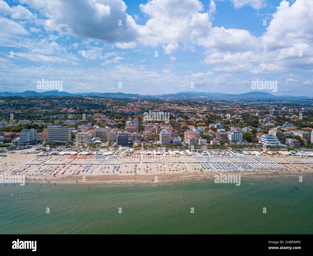 Aerial view of the Romagna coast with the beaches of Riccione, Rimini ...