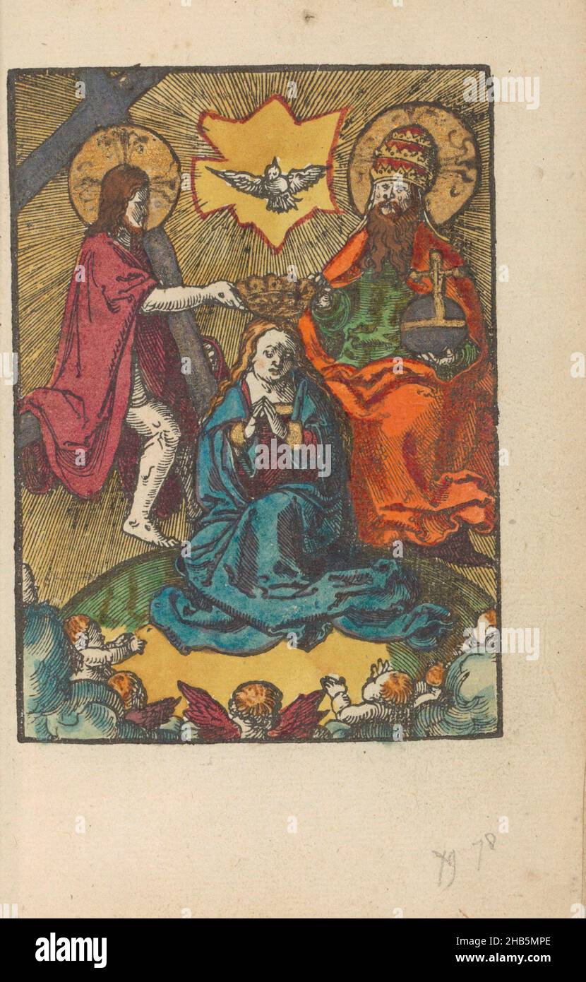 Coronation of Mary, Mute Passion (series title), Christ and God the Father crown Mary. Above them floats the Holy Spirit. Print is part of a book., print maker: Lucas van Leyden (workshop of), publisher: Doen Pietersz., print maker: Low Countries, publisher: Amsterdam, c. 1530, paper, height 111 mm × width 80 mmheight 159 mm × width 101 mm Stock Photo