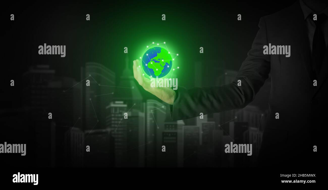 Global Warming and Climate Change Threat Concept Background with Glowing Earth. Save the Earth Backdrop with green glowing globe Stock Photo