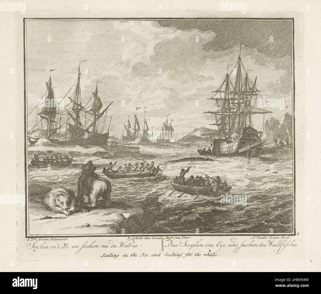 Whaling in the Ice Sea, ca. 1725, Seylen in 't Ys, en soeken na de Walvis, Das Seeglen ins Eys, und suchen des Wallfisches, Sailing in the Ice and Seeking for the whale (title on object), Whaling (series title), Whaling in the Ice Sea, ca. 1725. In the foreground several polar bears. Part of the series on whaling.  Printed on the same sheet as no. 2., print maker: Adolf van der Laan (mentioned on object), intermediary draughtsman: Sieuwert van der Meulen (mentioned on object), print maker: Northern Netherlands, publisher: Amsterdam, 1720 - 1730, paper, etching, height 180 mm × width 206 mm Stock Photo