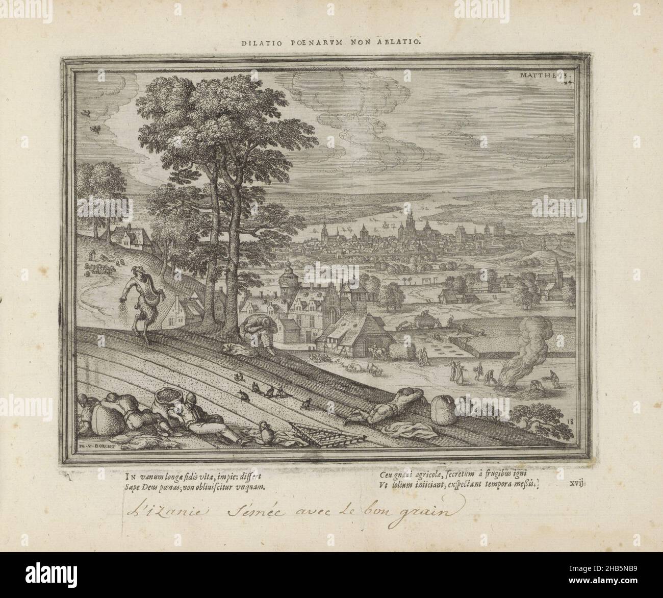 Landscape with the likeness of the weeds under the grain, Dilatio poenarum non ablatio (title on object), Emblemata Novi Testamenti (series title), Emblemata Sacra è praecipuis utriusque testamenti historiis concinnata (New Testament) (series title), Imagines et figurae bibliorum (series title), Landscape with farming. In the foreground Christ's parable of the devil sowing weeds among the wheat, while the farmers sleep (Mat. 13:24). With a motto in Latin above the image and a four-line caption in Latin below the print. The print is part of an album., print maker: Pieter van der Borcht (I) ( Stock Photo