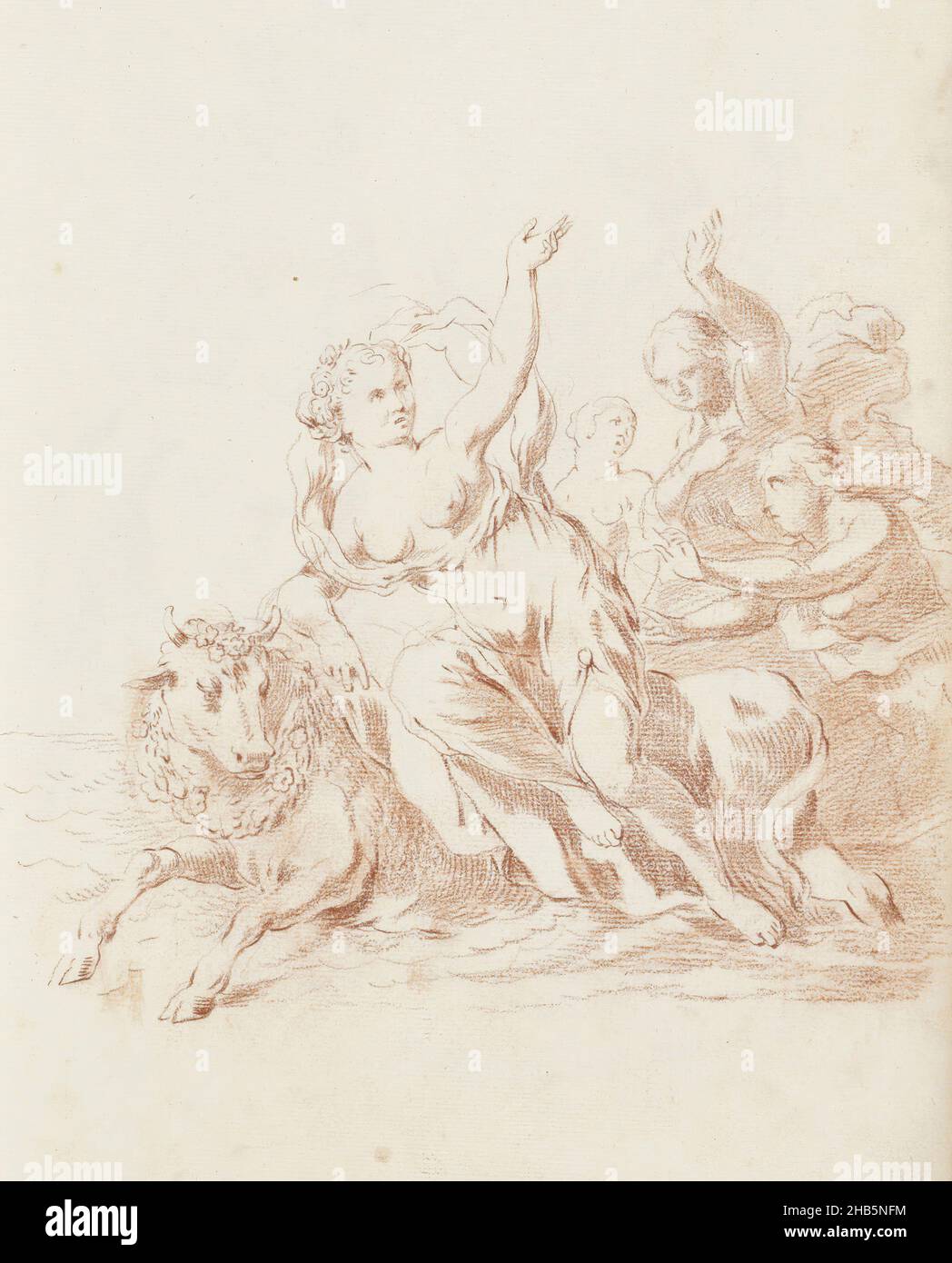 Robbery of Europa, Jupiter abducts Europa across the water in the guise of a white bull. The bull has a garland of flowers around its neck and horns. In the background, Europa's maids raising their arms in despair. Sheet 36 recto from a sketchbook with 63 sheets Stock Photo