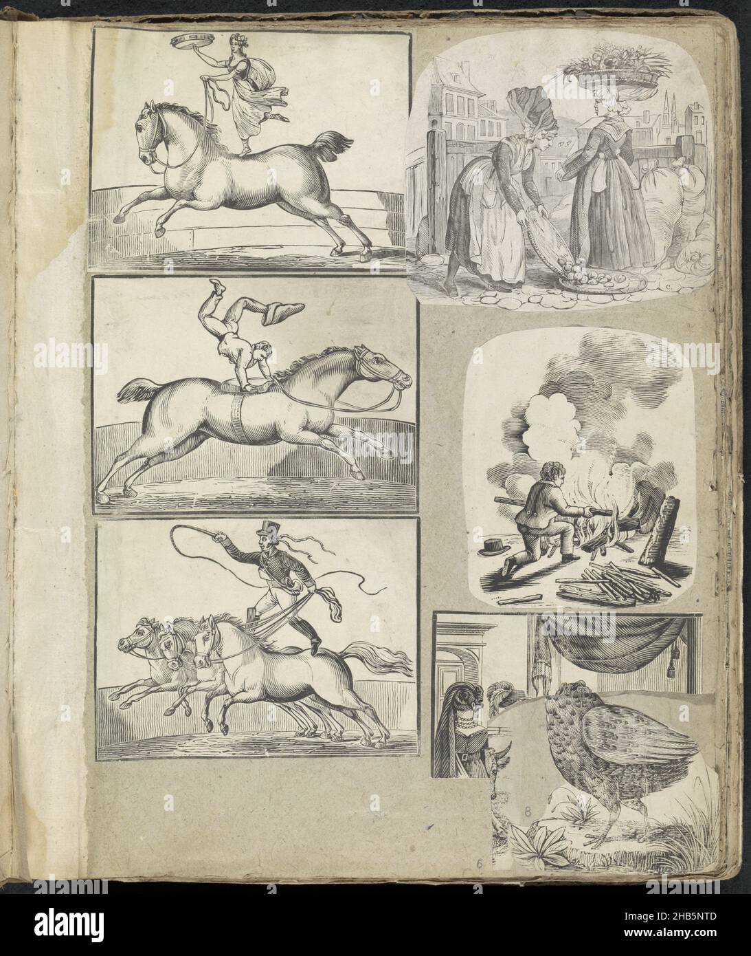 Album page with various representations, Album page with 6 cut-out representations from mainly folk prints, including of acrobats performing various arts on a horse and of a boy starting a fire. Lower right corner has been cut out., print maker: Alexander Cranendoncq, Nijmegen, 1814 - 1869, paper, snipping, height 399 mm × width 330 mm Stock Photo