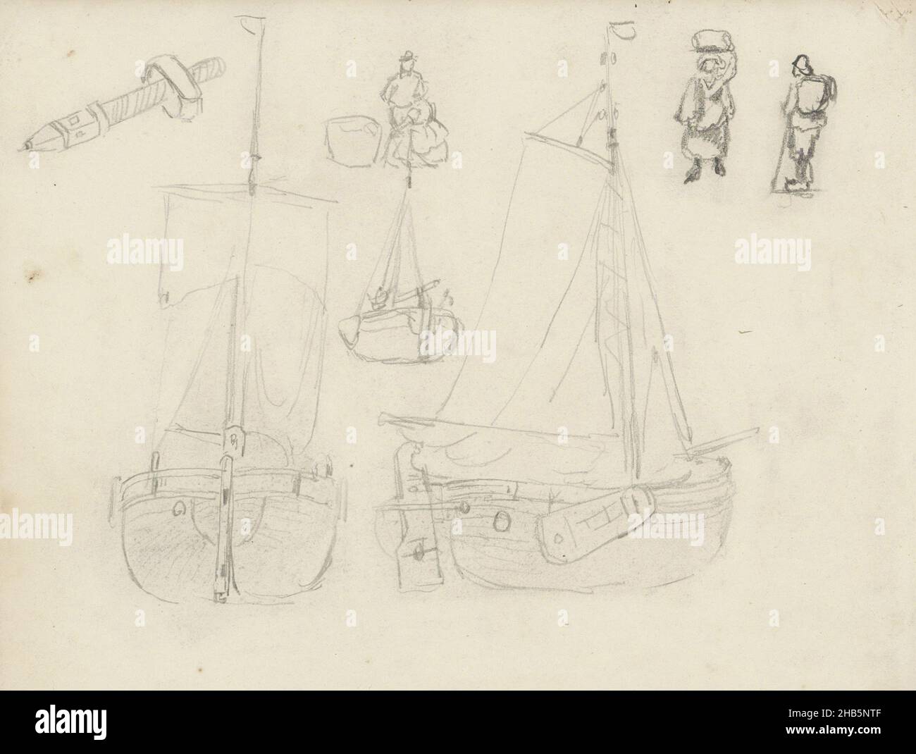 Study sheet with fishing boats and figures, The figures carry loads on their backs and heads. Sheet 14 verso from a sketchbook with 44 sheets Stock Photo