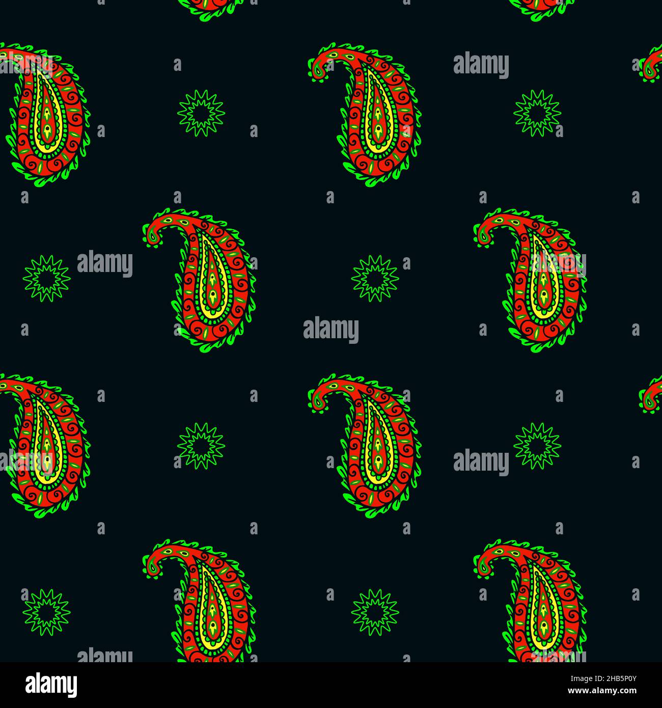 Colorful seamless paisley pattern on black backdrop. Gren, red, black color. Doodle style. Textile print. Indian paisley floral seamless pattern Stock Vector