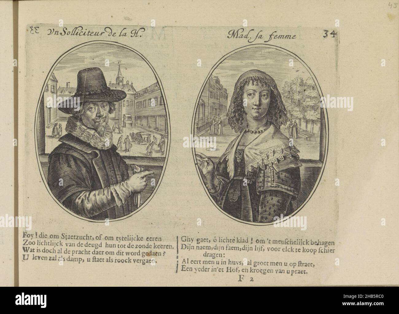 Solliciteur from The Hague and his wife, Un solliciteur de la H., Mad. sa femme (title on object), Les abus du mariage (series title), Two representations on an album leaf. On the left, the fictitious portrait of a solliciteur from The Hague, an advocate of small lawsuits. Behind him a view of the Binnenhof. To the right his wife with possibly the Lange Voorhout in the background. Below that, two quatrains in Dutch. The print is part of an album., print maker: Crispijn van de Passe (II), publisher: Crispijn van de Passe (II), Amsterdam, 1641, paper, engraving, letterpress printing, height 104 Stock Photo
