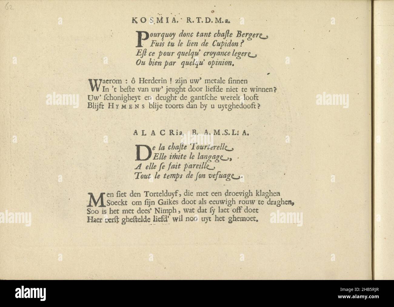 Quatrains accompanying the representations of Kosmia R.T.D.M.a. and Alacria B. A.M.S.L.A.Les vrais pourtraits de quelques unes des plus grandes dames de la chrestiente desguisees en bergeres. (series title), Two times two quatrains in French and Dutch accompanying the performances of Kosmia R.T.D.M.a. and Alacria B. A.M.S.L.A. The sheet is part of an album., Crispijn van de Passe (II), publisher: Crispijn van de Passe (II), Amsterdam, 1640, paper, letterpress printing, height 140 mm × width 190 mm Stock Photo