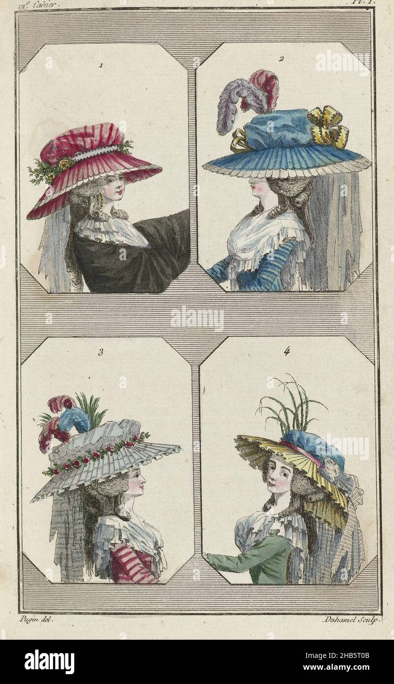 Cabinet des Modes ou les Modes Nouvelles, 1 Mai 1786, pl. I, Four women's heads in frames, wearing different hats. According to the accompanying text: Fig. 1: Hat with a broadly projecting brim of pink pleated taffeta, trimmed with a fringe of lace. Around the puffing bulb of the hat a ribbon au diadème. On the front and back of the hat a bouquet of artificial flowers. A veil of white gaze falls from behind to the back. Around the neck a fichu; wide shouldered jacket of black taffeta. Long gold earrings 'à la plaquette'. Fig. 2: Large hat of blue taffeta with brim of white lace. Around the Stock Photo