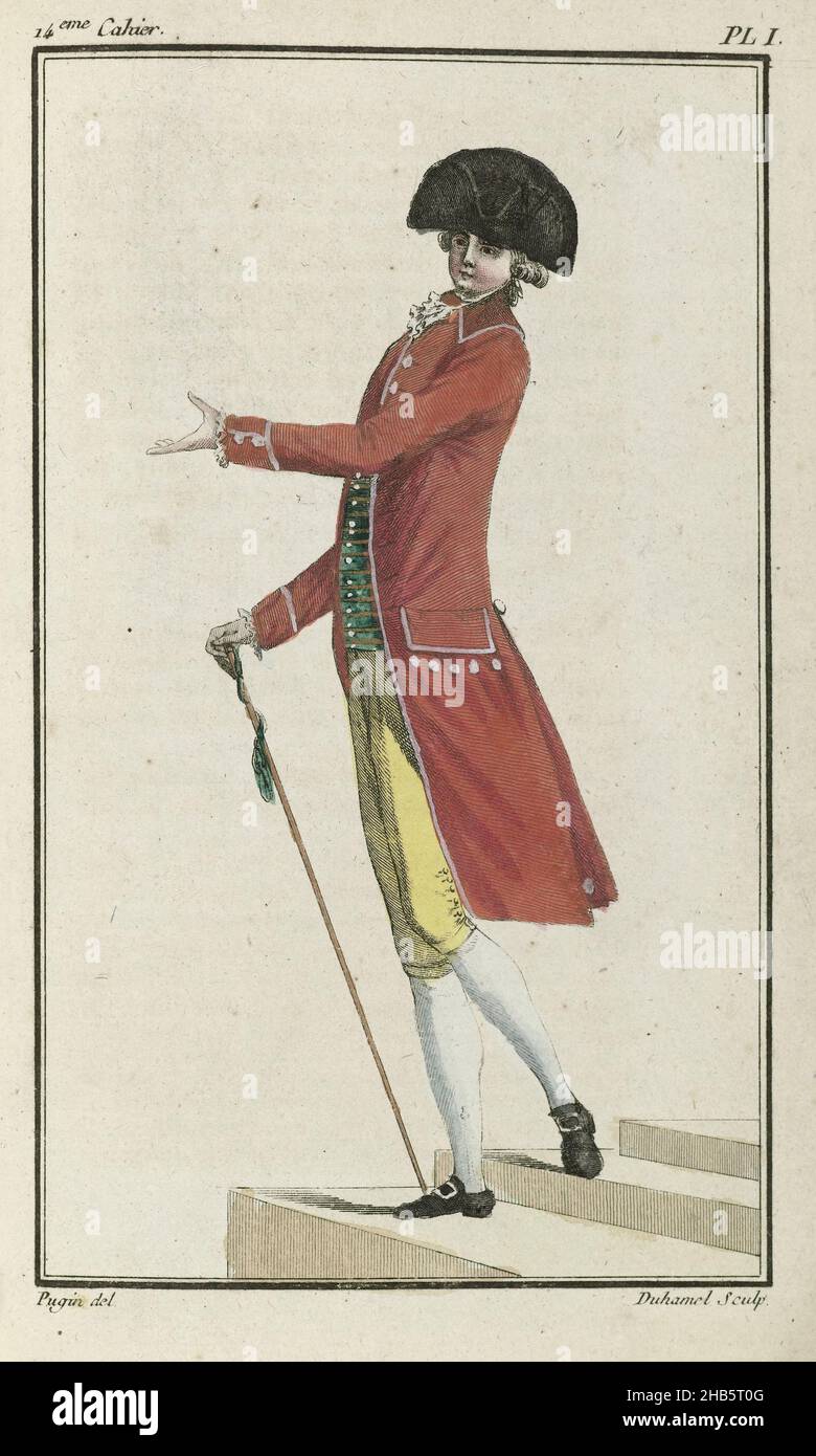 Cabinet des Modes ou les Modes Nouvelles, 1 Juin 1786, pl. I, Young man in a 'habit' of scarlet cloth. According to the accompanying text, the coat is lined with white silk and has large white buttons of mother of pearl attached to it. The ends of the sleeves are opened 'à la Marinière' and closed with two identical buttons on the side. Four buttons on the pockets of the jacket. Collar of the same fabric. Under the coat a sea-green vest of heavy silk ('Gros-de-Tour') with gold stripes; decorated with small white buttons. 'Culotte' or knee-length pants of light lemon yellow cashmere, with a row Stock Photo