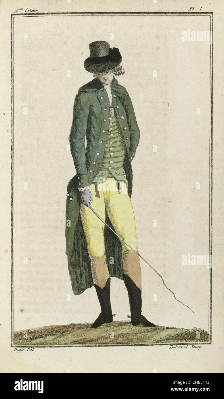 Cabinet des Modes ou les Modes Nouvelles, 1 Juillet 1786, pl. I, Man in riding costume. According to the accompanying text, the man, who is about to mount his horse, is dressed in a green 'habit' with lapels, lined in the same color 'vert Dragon'. The lapels, sleeves and jacket pockets 'à la Marinière'', are fitted with white mother of pearl buttons. Under the coat a green vest with gold stripes. Yellow knee pants of deerskin. (Knee socks ?) Black English boots with silver spurs. English hat with black hatband on which is a large buckle of steel. Purple leather gloves. Two watches Stock Photo