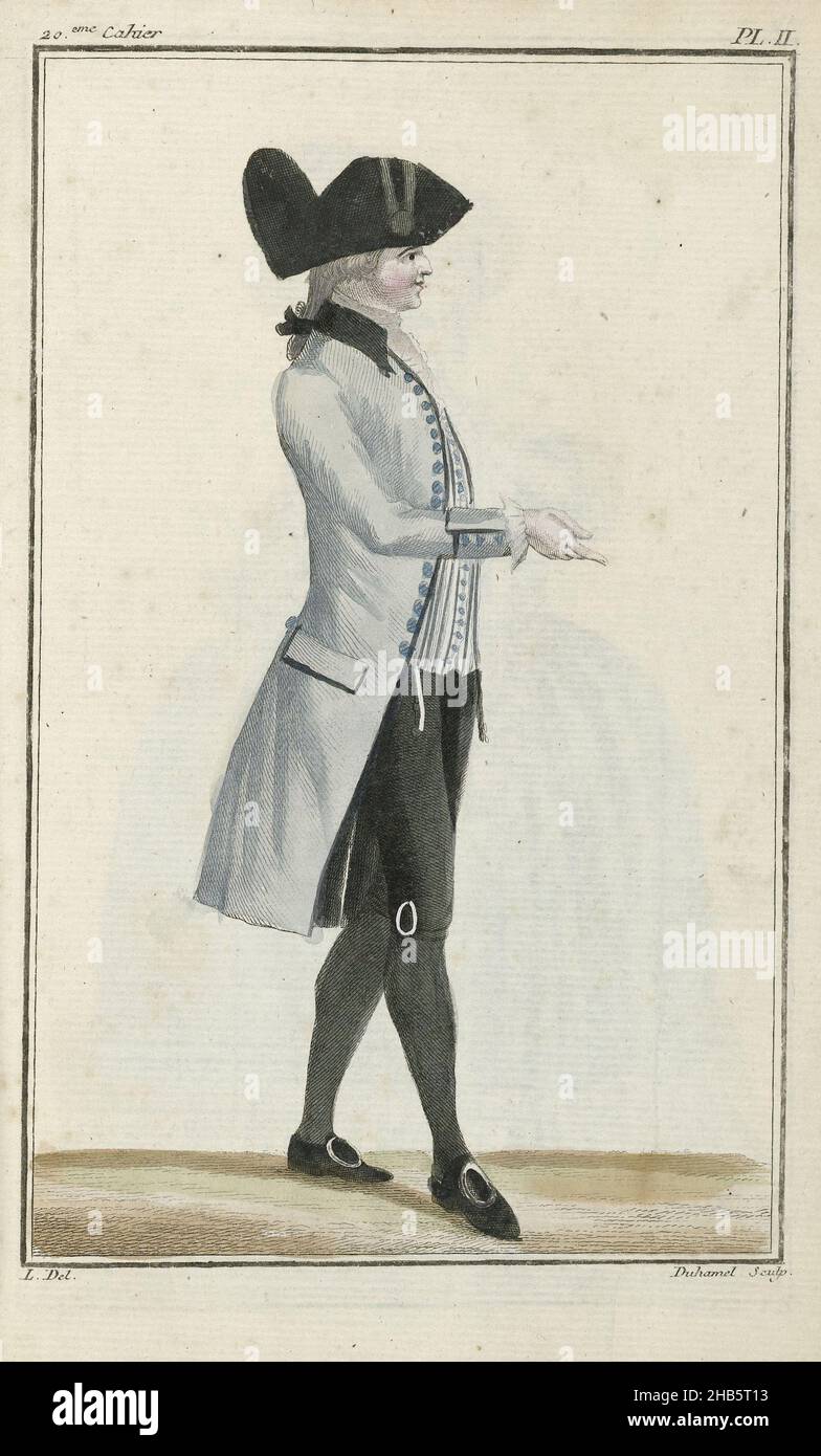 Cabinet des Modes ou les Modes Nouvelles, 1 Septembre 1786, pl. II, Man in half mourning. According to the accompanying text, the man is dressed in a gray coat ('habit') with black velvet collar, Below he wears a striped taffeta vest and knee-length pants with round buckles at the hem. Wrinkled jabot (??) and cuffs. Hat à l'Androsmane with button and lis, tail wrapped with black fabric, breloques, shoes with round ?? buckles. , print maker: A.B. Duhamel, intermediary draughtsman: L, Paris, 1786, paper, engraving, height 205 mm × width 125 mm Stock Photo
