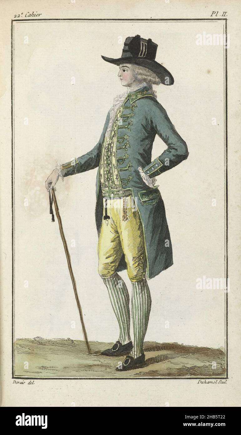 Cabinet des Modes ou les Modes Nouvelles, 1 Octobre 1786, pl. II, Man in green frak. According to the accompanying text, the color of the frak is 'vert Dragon' and it is decorated with silk embroidery in 'vert pomme'. Under the habit a silk vest with embroidery. Silk stockings.  Silk stockings and shoes with oval gold buckles Gold sock holders. In each vest pocket a watch. From one watch hangs a simple black cord with a large key, from the other a gold chain with breloques. Large cravat of muslin wound three times around the neck and buttoned from the front. Cuffs and jabot of battist Stock Photo