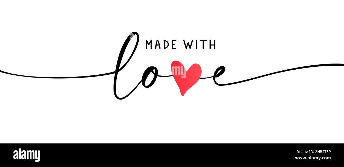 Made with love calligraphy with heart. Hand drawn black line text. Ink vector inscription isolated on white background. Lettering for your handcrafted Stock Vector