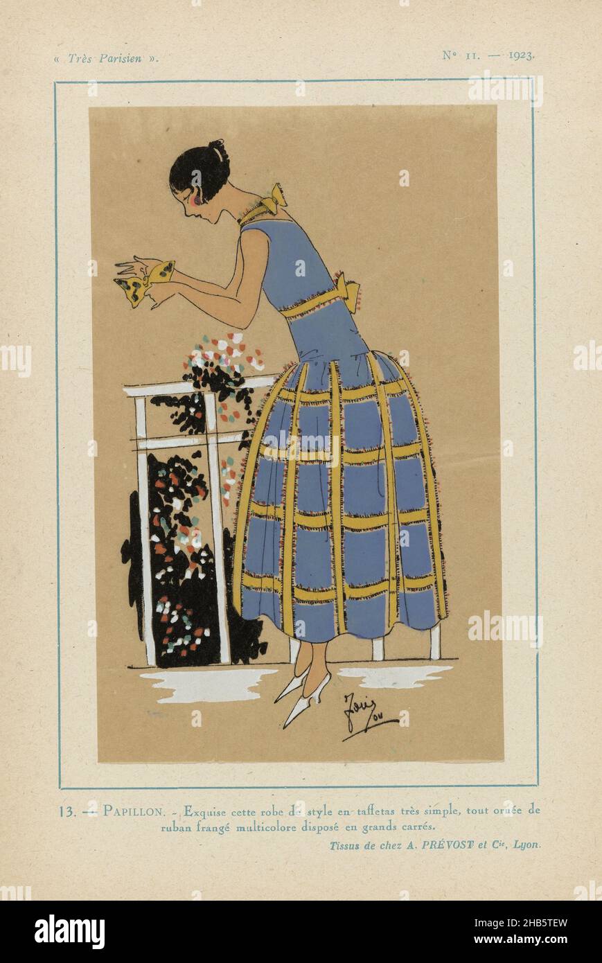 Très Parisien 1923 No 11: 13.- PAPILLON. - Exquise cette robe de style..., ' Robe de style' . Gown with wide skirt of taffeta, entirely decorated with  multi-colored fringe band, applied in large
