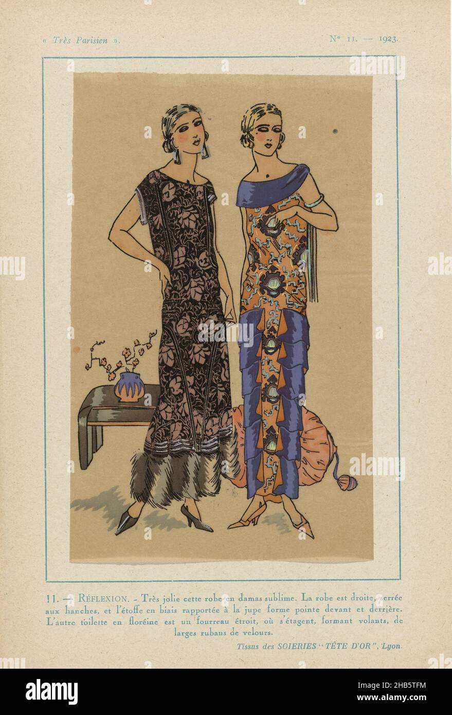 Très Parisien, 1923, No 11: 11.- RÉFLEXION. - Très jolie cette robe..., Dress of 'damas sublime', straight cut, 'et l'étoffe en biais rapportée à la jupe' forming points at front and back. Fourreau of 'floréine' with flounces of wide velvet ribbons. Fabrics from Soieries Tête d'or. Print from the fashion magazine Très Parisien (1920-1936)., print maker: anonymous, Soieries Tête d'or (mentioned on object), Lyon, Paris, 1923, paper, letterpress printing, height 269 mm × width 180 mm Stock Photo