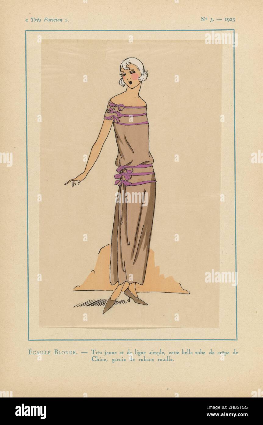 Très Parisien, 1923, No. 3: ÉCAILLE BLONDE, Very youthful and simple model, the beautiful dress of 'crepe de Chine' is decorated with rust-colored ribbons. Print from the fashion magazine Très Parisien (1920-1936)., print maker: anonymous, G-P. Joumard, Paris, 1923, paper, letterpress printing, height 269 mm × width 180 mm Stock Photo