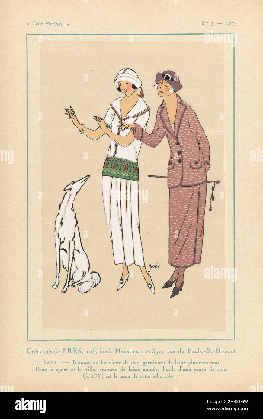 Très Parisien, 1923, No. 3: Créations de ERÈS...RAYA..., Designs by Erès. Jacket of bouclé silk with trimmings of wool in various shades. For sport and the city, a costume (cloak) of 'laine chinée' trimmed with silk cord. According to the caption, (CAUX) is the name of this nice dress. Accessories: hat with hatband and buckle(?), walking stick with tassels, bracelet, pumps. Print from the fashion magazine Très Parisien (1920-1936)., J. Dory (mentioned on object), print maker: anonymous, Paris, 1923, paper, letterpress printing, height 269 mm × width 180 mm Stock Photo