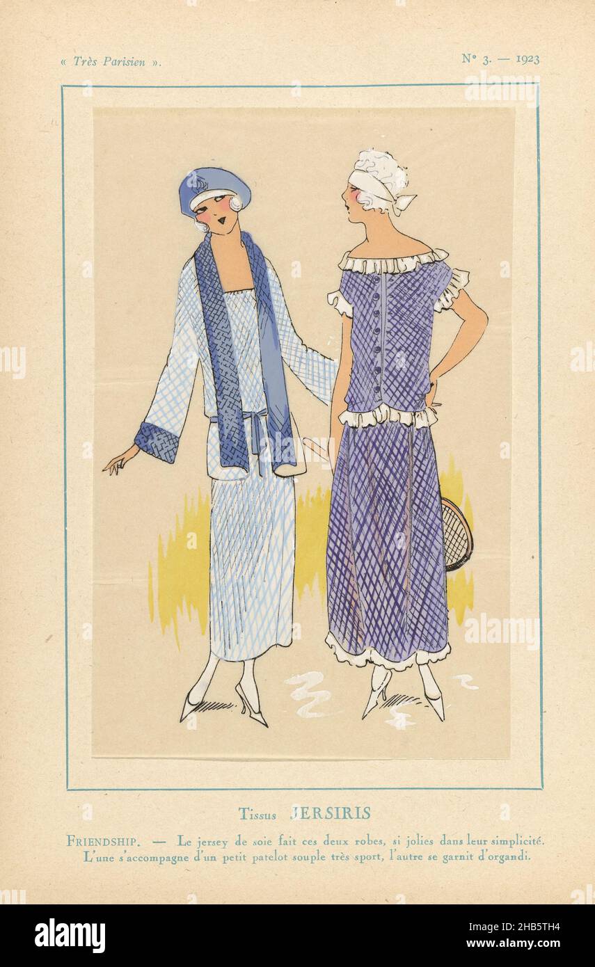 Très Parisien, 1923, No. 3: Tissus JERSERIS...FRIENDSHIP..., Fabrics of Jersiris. The silk jersey of these two dresses is beautiful for its simplicity. One gown is combined with a small supple patelot, the other is decorated with organdi. Print from the fashion magazine Très Parisien (1920-1936)., print maker: anonymous, Jersiris (mentioned on object), Paris, 1923, paper, letterpress printing, height 269 mm × width 180 mm Stock Photo