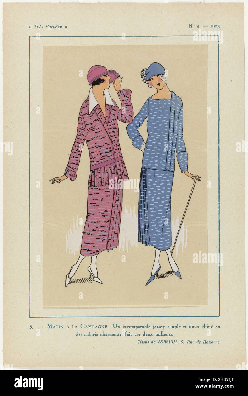 Très Parisien, 1923, No. 4: 3. - MATIN A LA CAMPAGNE..., Fabrics of Jersiris. Two tailleurs (coat suits) made of a unique supple and speckled jersey in charming colors. Print from the fashion magazine Très Parisien (1920-1936)., print maker: anonymous, Jersiris (mentioned on object), Paris, 1923, paper, letterpress printing, height 269 mm × width 180 mm Stock Photo
