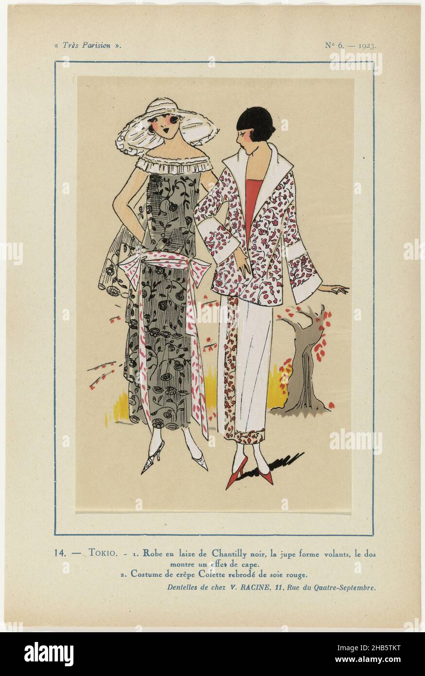 Très Parisien, 1923, No 6: 14. - TOKIO. - 1. Robe en laize de Chantilly..., 1. Dress of black 'laize de Chantilly' (lace); the skirt consists of flounces, the back appears to have a cape. 2. Costume (suit) of crepe Colette embroidered with red silk. Lace by V. Racine. Print from the fashion magazine Très Parisien (1920-1936)., print maker: anonymous, V. Racine (mentioned on object), Paris, 1923, paper, letterpress printing, height 269 mm × width 180 mm Stock Photo
