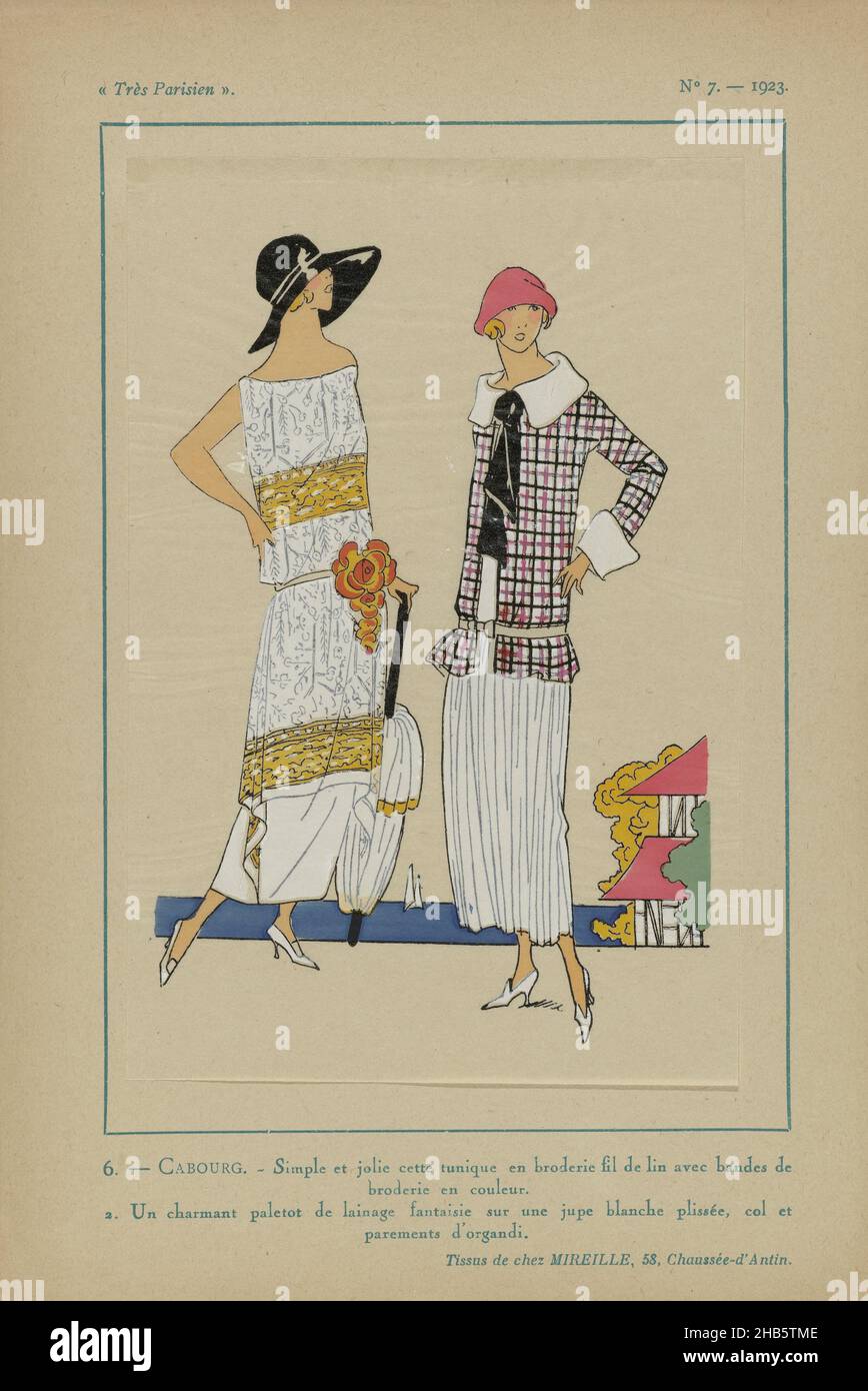 Très Parisien, 1923, No 7: 6. - CABOURG. - Simple et jolie..., 1. Tunic  with embroidery with linen thread and embroidered bands in color. 2.  Paletot of 'lainage fantaisie' (wool) on a