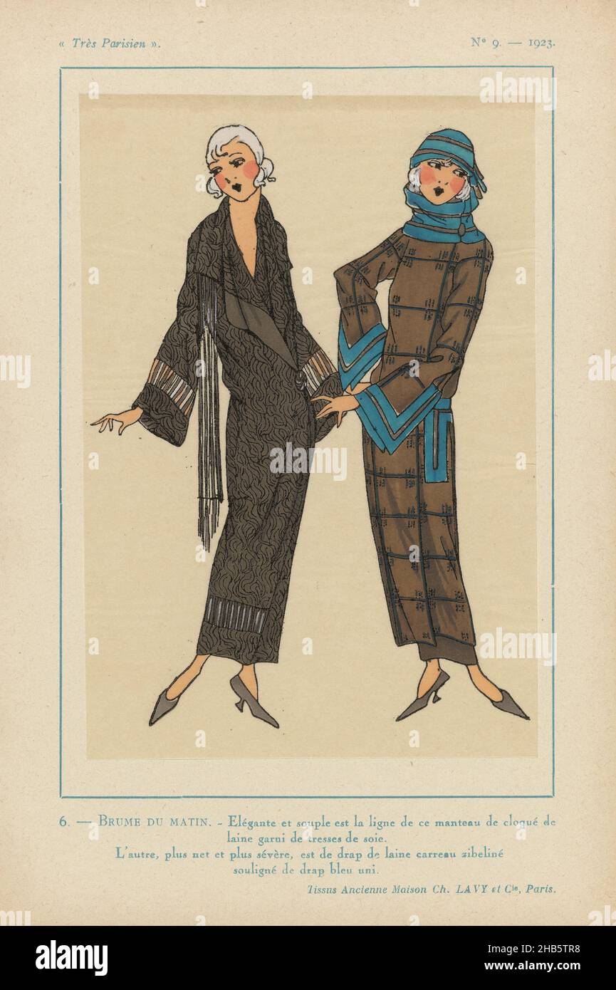 Très Parisien, 1923, No 9: 6. - BRUME DU MATIN. - Elégante et souple..., Cloak of 'cloqué de laine' garnished with silk ribbons. The other cloak is of 'drap de laine' checkered with sable fur(?) and decorated with plain blue cloth. Fabrics from Ancienne Maison Ch. Lavy et cie. Print from the fashion magazine Très Parisien (1920-1936)., print maker: anonymous, Ch. et Cie Lavy (mentioned on object), Paris, 1923, paper, letterpress printing, height 269 mm × width 180 mm Stock Photo
