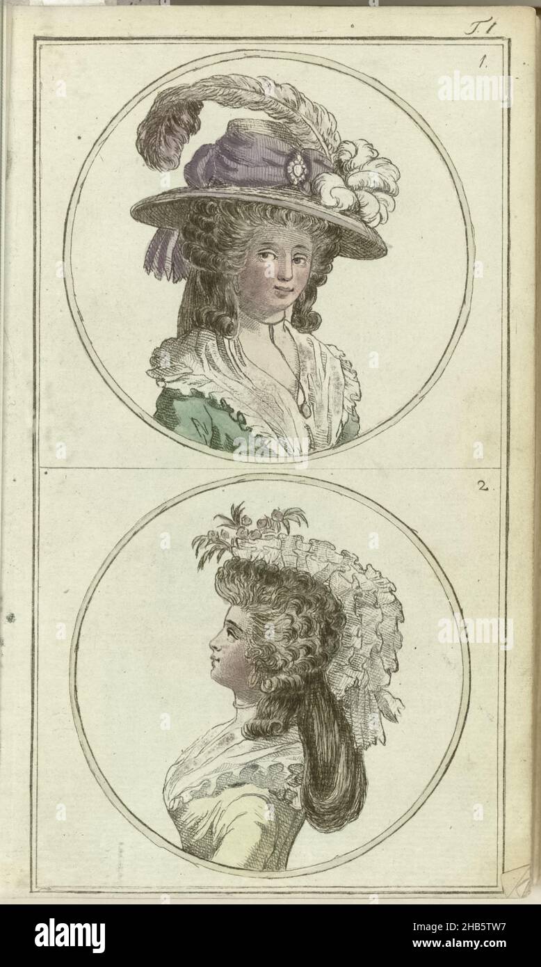 Journal des Luxus und der Moden 1786, Band I, T. 1, Two ladies' hairstyles below: above: Coiffure à l'Ingenue with straw hat à l'Angloise. A violet shawl around the hat with an agrave in the front and a 'folette' on the left.  Around the neck a cord with medallion. Earrings: 'grands anneaux branlans'. Fichu of linen. Below: Hairstyle called 'Hérisson à crochet', with aufwärtsgeschlagenen Chignon. On top a Haube à la Paresseuse with flowers. Fichu of garnirten Kammertuch/ Earrings 'en Mirza'.  Print from the fashion magazine Journal des Luxus und der Moden, published by Friedrich Justin Bertuch Stock Photo