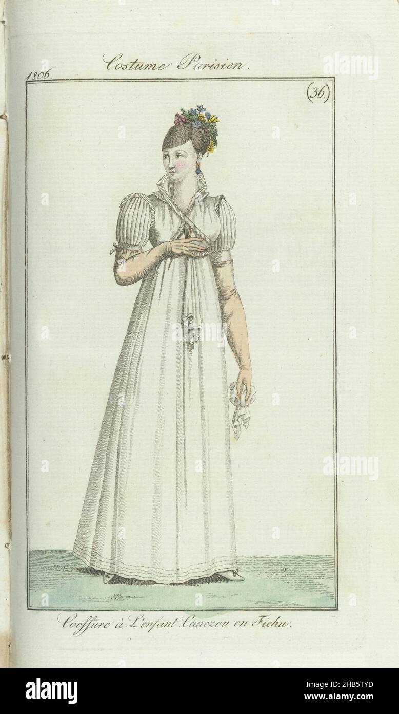 Journal des Dames et des Modes, Frankfurt edition 1 septembre 1806, Costume Parisien (36): Coeffure à L'enfant. Canezou en fichu., According to the accompanying text (p. 270): 'Coeffure à l'enfant' : hairstyle with hair combed tightly back and braids on the back of the head, decorated with flowers. Blue earrings. Canezou and fichu. Short puff sleeves with piping. Gown of white muslin. Gloves of yellow leather (on the print salmon pink) White shoes. The print is part of the fashion magazine Journal des Dames et des Modes, published in Frankfurt as a copy of the French edition by Pierre de la Stock Photo
