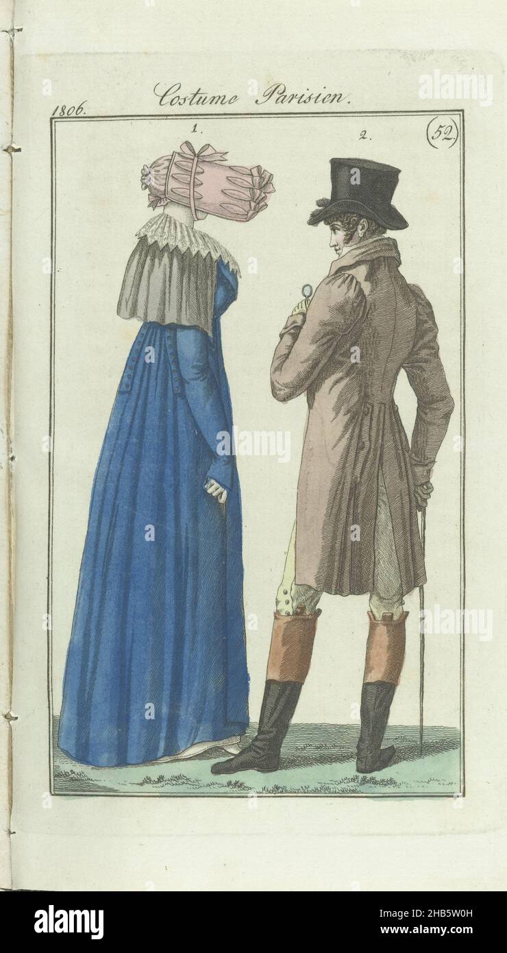 Journal des Dames et des Modes, Frankfurt edition 22 décembre 1806, Costume Parisien (52), The accompanying text (p. 343 and 344) states: Fig. 1: Canopy hat of pink velvet, lined with satin. Redingote of cloth with des pattes sur le côté and buttons of mother of pearl. Collerette à pointes. Underskirt of white muslin. Yellow gloves and yellow shoes. Fig. 2: Hairstyle à la Titus. High hat with stored brim. Redingote with slit from behind. Knee pants of white cashmere. Boots with covers. , print maker: anonymous, publisher: J.P. Lemaire, Frankfurt am Main, 1806, paper, engraving, height 188 mm Stock Photo