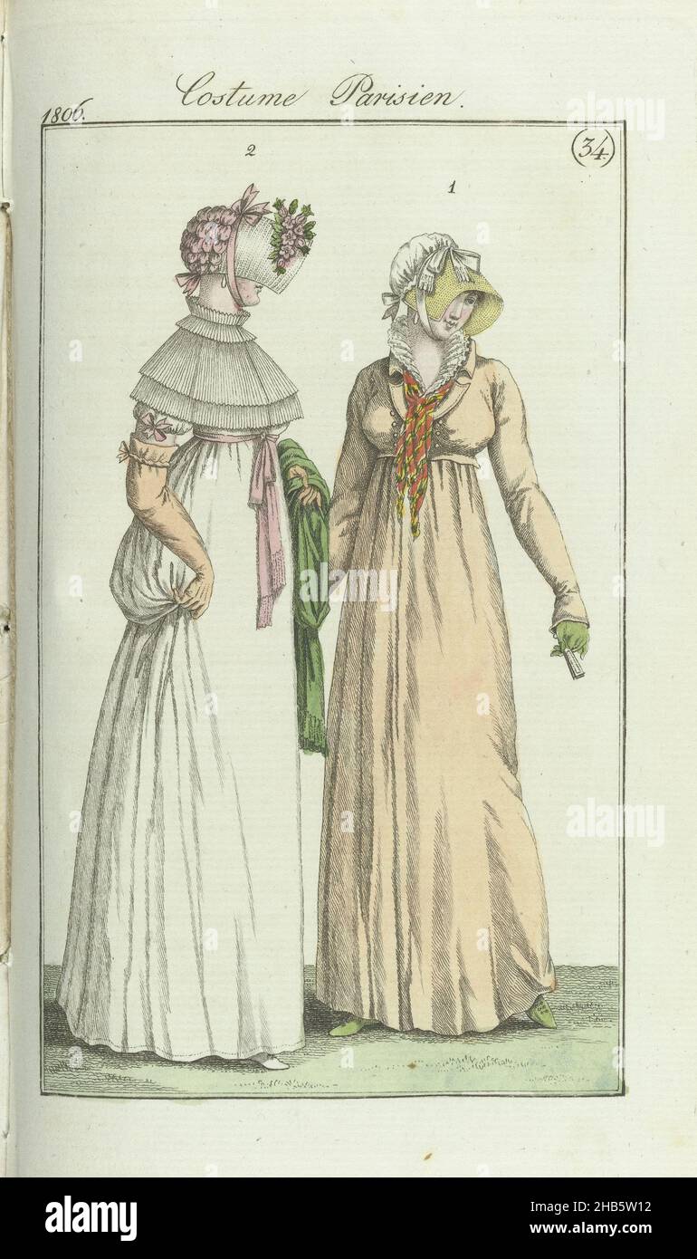 Journal des Dames et des Modes, Frankfurt edition 18 août 1806, Costume Parisien (34), According to the accompanying text (p. 214): 'Fig. 1. Riding costume for ladies. Straw hat with ball of taffeta. Empire dress in the color nankin (yellowish cotton).  Stitched collerette with silk neckerchief. Green gloves and shoes. Fig. 2. Capote with pleats at the back, the front garnished with flowers, a pink ribbon under the chin. Finely pleated collerette in two layers.  Gown of white muslin with a pink ribbon as a belt. Green silk shawl (over the arm) Yellow gloves.  White shoes.  The print is part of Stock Photo