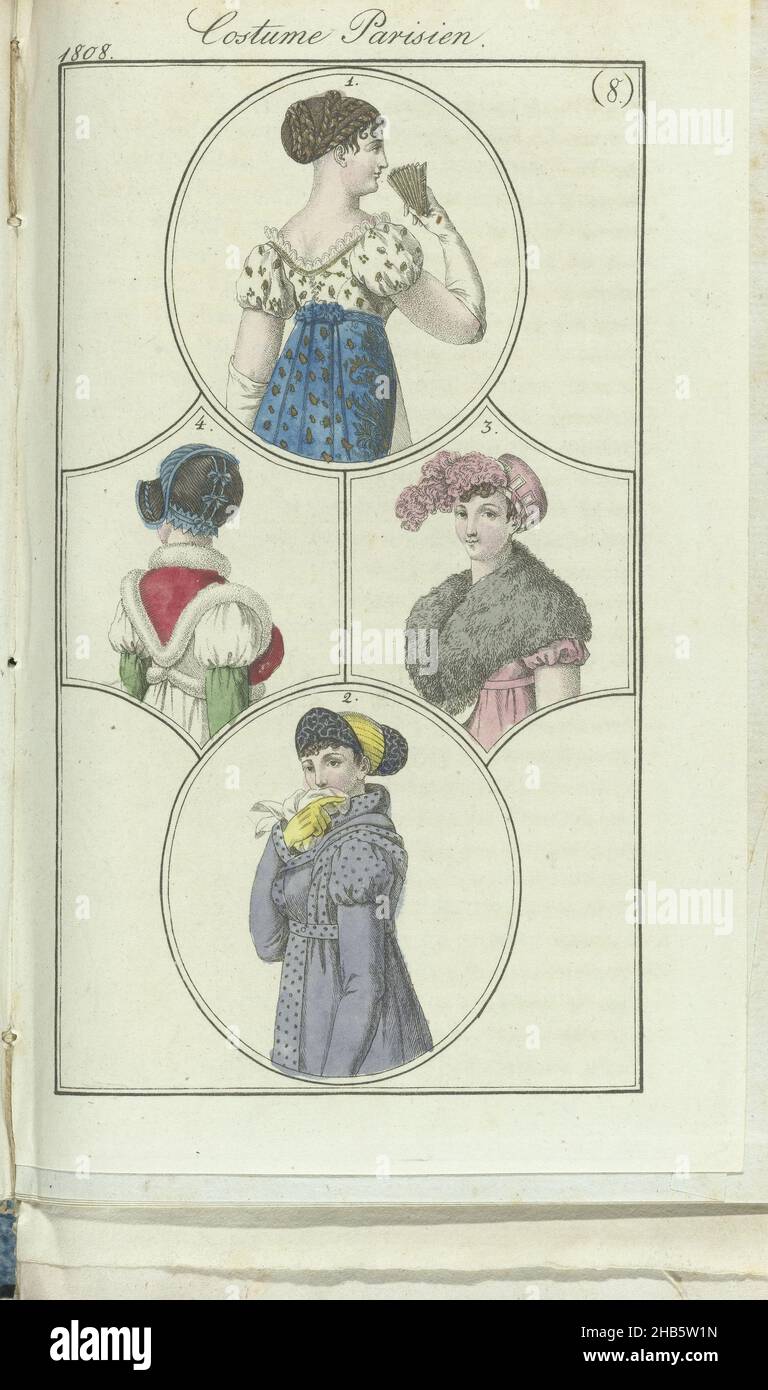 Journal des Dames et des Modes, Frankfurt edition 22 Février 1808, Costume Parisien (8), The accompanying text (pp. 212 and 213) states: Fig. 1: Coiffure de grande parure: gauze of gold thread, braided with hair. Short gown of white satin, embroidered with gold. Blue, embroidered manteau, with long queue. Fig. 2: Coiffure of black velvet and yellow satin. Robe Levantine garnished with 'pluche tigrée'. (Under this gown one wears a white jupon...). Fig. 3: Toque of pink crepe with a long feather at the front. Gown of pink taffeta with short sleeves. Fichu of fox fur. Fig. 4: Capote of satin and Stock Photo