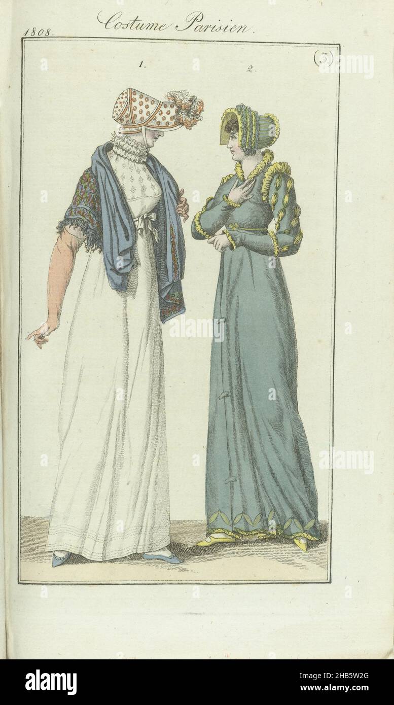 Journal des Dames et des Modes, Frankfurt edition 18 Janvier 1808, Costume Parisien (3), The accompanying text (p. 78) states: Figure 1: Canopy hat (capote) of velvet frisé with feathers on the front. Short gown of white muslin. Guimpe of muslin gaze. Scarf of cashmere. Leather gloves. Blue shoes. Figure 2: Capote of blue satin, garnished with yellow. Redingote of velvet, garnished with satin. Yellow shoes. The print is part of the fashion magazine Journal des Dames et des Modes, published in Frankfurt as a copy of the French edition by Pierre de la Mésangère, (1798-1848)., print maker Stock Photo