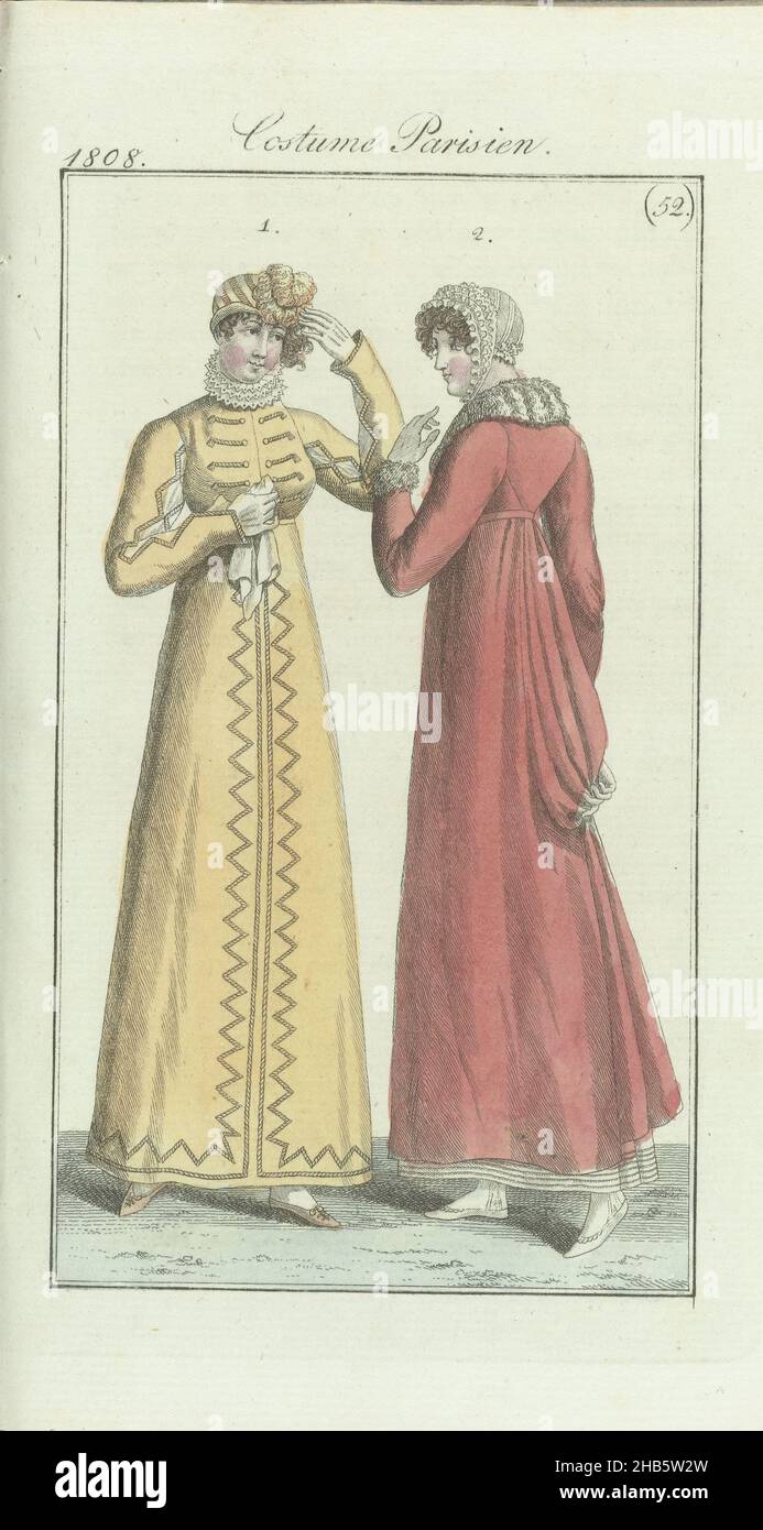 Journal des Dames et des Modes, edition Frankfurt 25 décembre 1808, Costume Parisien (52), The accompanying text (p. 341) states: Fig. 1: Toque of velvet, with a curled plume on the side. Redingote 'à la polonaise'. White gloves. Nut-colored (flat) shoes. Fig. 2: Cornet of Berlin tulle with pleated ribbons. Redingote of fabric from Rheims, with collar and armholes of fox fur. White gloves. White (flat) shoes. The print is part of the fashion magazine Journal des Dames et des Modes, published in Frankfurt as a copy of the French edition by Pierre de la Mésangère, (1798-1848)., print maker Stock Photo