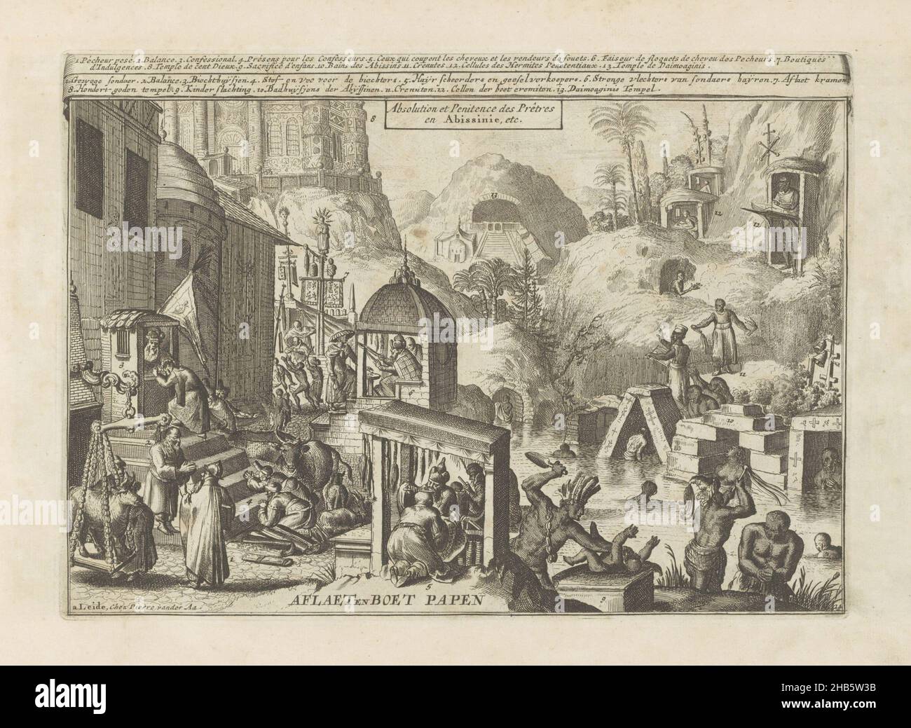 Sin and Penance, Aflaet and Boet Papen, Absolution et Penitence des Prêtres en Abissinie, etc. (title on object), Les Indes Orientales et Occidentales et autres lieux (series title), Landscape with aspects on sin and penance. On the far left, a sinner is weighed near a staircase with a confessional on top. In the foreground near a stall with scourges, a man has his hair shaved off. The hair of sinners is being braided. To the right of the scene a child is being slaughtered and men are hurting themselves with a scourge. In the background are several hermits. With a legend in Dutch and French Stock Photo