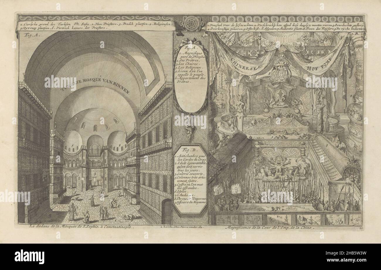 Turkish Mosque in Constantinople; Imperial Court in China, Turkish moque inside, Le dedans de la Mosquée de S. Sophie, à Constantinople, Chinese Court Pump, Magnificience de la Cour de l'Emp. de la Chine. (title on object), Les Indes Orientales et Occidentales et autres lieux (series title), Representation in two parts. On the left, the interior of a Turkish mosque in Constantinople (Istanbul) called the Hagia Sophia. On the right the Imperial Court of China with an anteroom for the bodyguards and a statue of God. Behind it a throne with the emperor. With a legend in Dutch and French. The Stock Photo