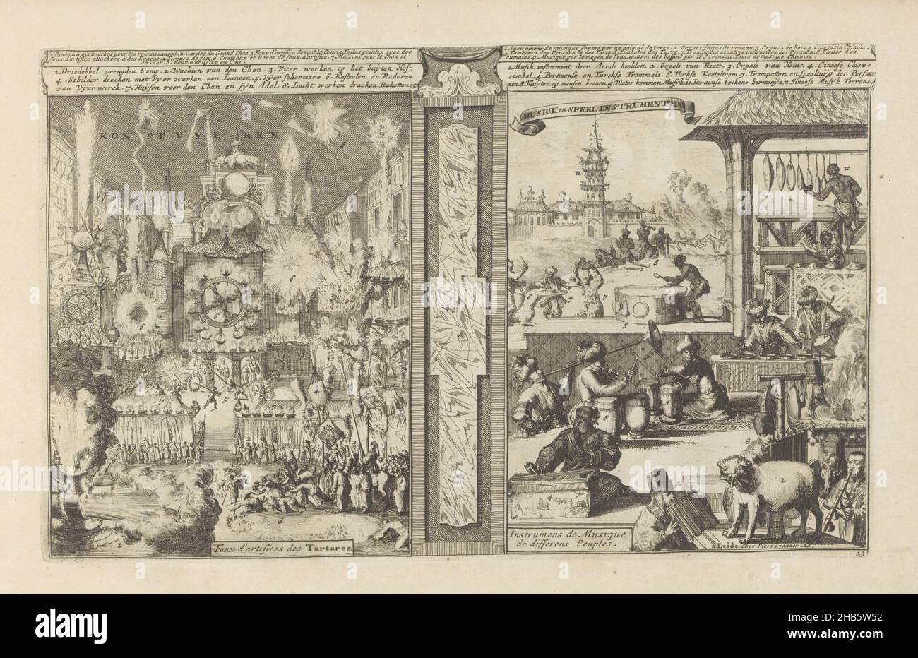 Fireworks and music, Konst vyeren, Feux d'artifices des Tartares, Musick and Playing Instruments, Instrument de Musique de differens Peuples (title on object), Les Indes Orientales et Occidentales et autres lieux (series title), Presentation in two parts. On the left, fireworks by the Tartars. On the right, Javanese, Persians, Turks and Chinese play musical instruments. There is an organ made of reeds and one made of wood, a Chinese harpsichord, Persian and Turkish drums, flutes made of bones, Javanese cymbals, water bowls etc. With a legend in Dutch and French. The print is part of an album Stock Photo