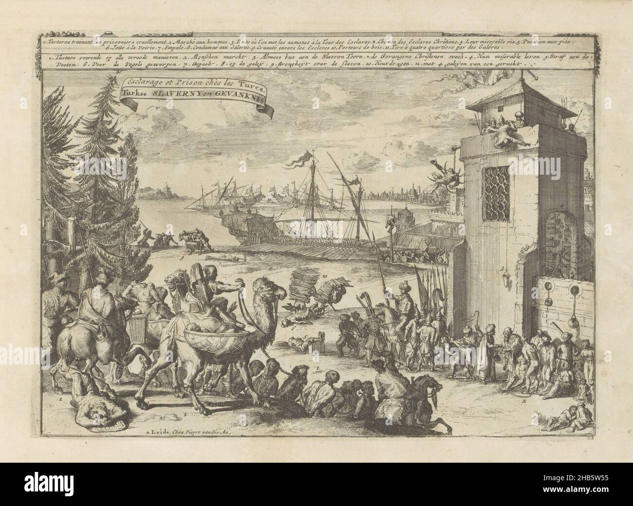 Slaves and prisoners with the Turks, Turkish slavery and prison, Esclavage et Prison chès les Turcs (title on object), Les Indes Orientales et Occidentales et autres lieux (series title), The treatment of slaves and prisoners with the Turks. In the left foreground it is shown how prisoners are transported. One of the men is being dragged by a horse. Others are being driven on chains. On the right a man is hanging from a tower. A second man is hung by his feet over the edge. Below, a slave market. Near two timber carriers, a man is eaten by a bird and two dogs. In the water are some galleys Stock Photo