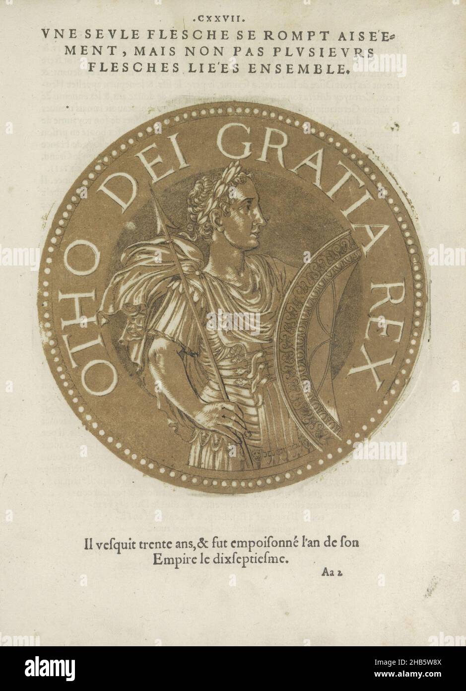 Portrait of Emperor Otto IIILes images presque de tous les empereurs (series title), Portrait of Emperor Otto III, on a coin with edge lettering. The print is part of a book on the emperors from Julius Caesar to Charles V and his brother Ferdinand., Joos Gietleughen, print maker: Hubert Goltzius, Antwerp, 1557 and/or 1559, paper, etching, letterpress printing, height 180 mm × width 179 mm Stock Photo