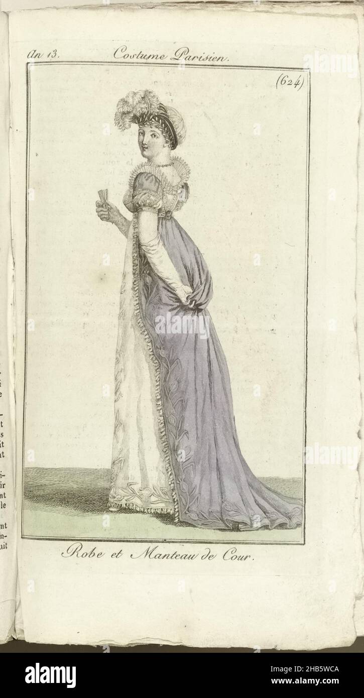 Journal des Dames et des Modes, Costume Parisien, 1805, An 13 (624) Robe et Manteau de Cour, Woman to the left, dressed in court dress: a white court gown with collar with raised edge, over which a purple court robe, which she holds from behind. Long white gloves, a small folded fan in the right hand. On the head a kind of turban with white feathers. The print is part of the fashion magazine Journal des Dames et des Modes, published by Pierre de la Mésangère, Paris, 1797-1839., print maker: Horace Vernet, publisher: Pierre de la Mésangère, 1805, paper, engraving, height 181 mm × width 112 mm Stock Photo