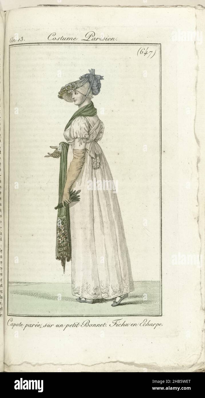 Journal des Dames et des Modes, Costume Parisien, 1805, An 13 (647) Capote parée, sur un petit Bonnet..., Woman to the left, in white gown with short puffed sleeves and bodice with cross straps at back. Decorated capote over a small bonnet. Long gloves. Over the right arm a long green scarf with embroidery, in the other hand a folded fan., print maker: Horace Vernet, publisher: Pierre de la Mésangère, 1805, paper, engraving, height 181 mm × width 112 mm Stock Photo