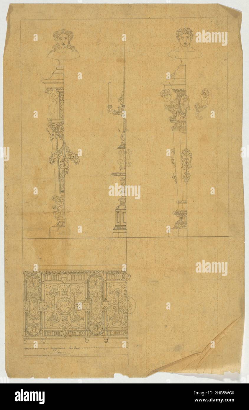 Plinths, candelabra and balcony railings, draughtsman: Firma Feuchère, Paris, c. 1830 - c. 1850, tracing paper, pen, height 243 mm × width 375 mm Stock Photo