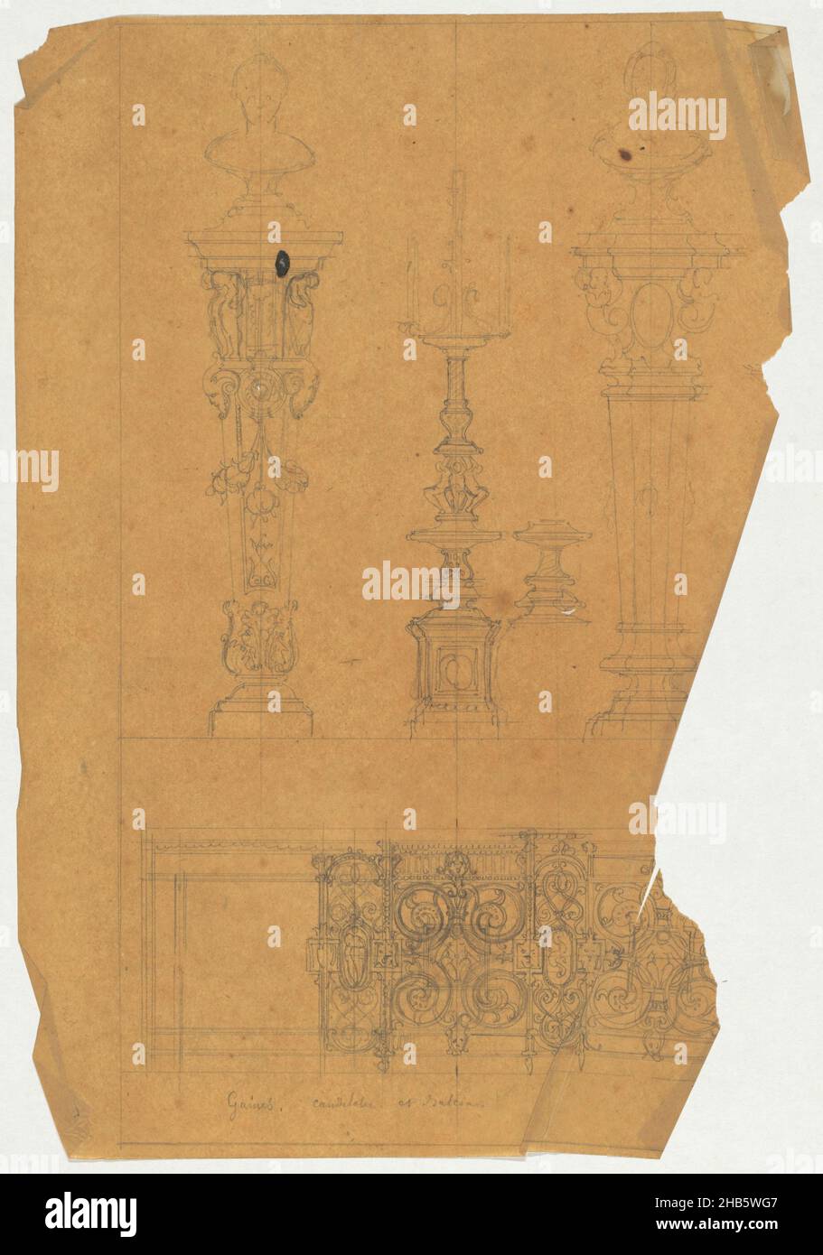Plinths, candelabra and balcony railings, draughtsman: Firma Feuchère, Paris, c. 1830 - c. 1850, paper, graphite (mineral), height 240 mm × width 355 mm Stock Photo